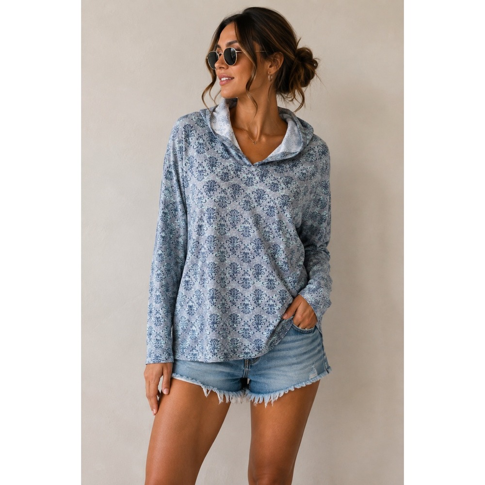 KUHL Womens XL Grey Mint Green Damask Print Long Sleeve Hooded Pullover Top